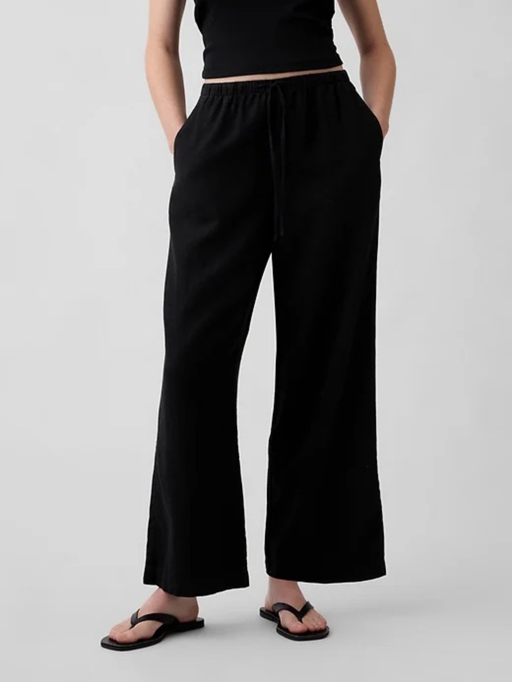 GAP Linen Blend Wide-Leg Drawstring Pants Black Large